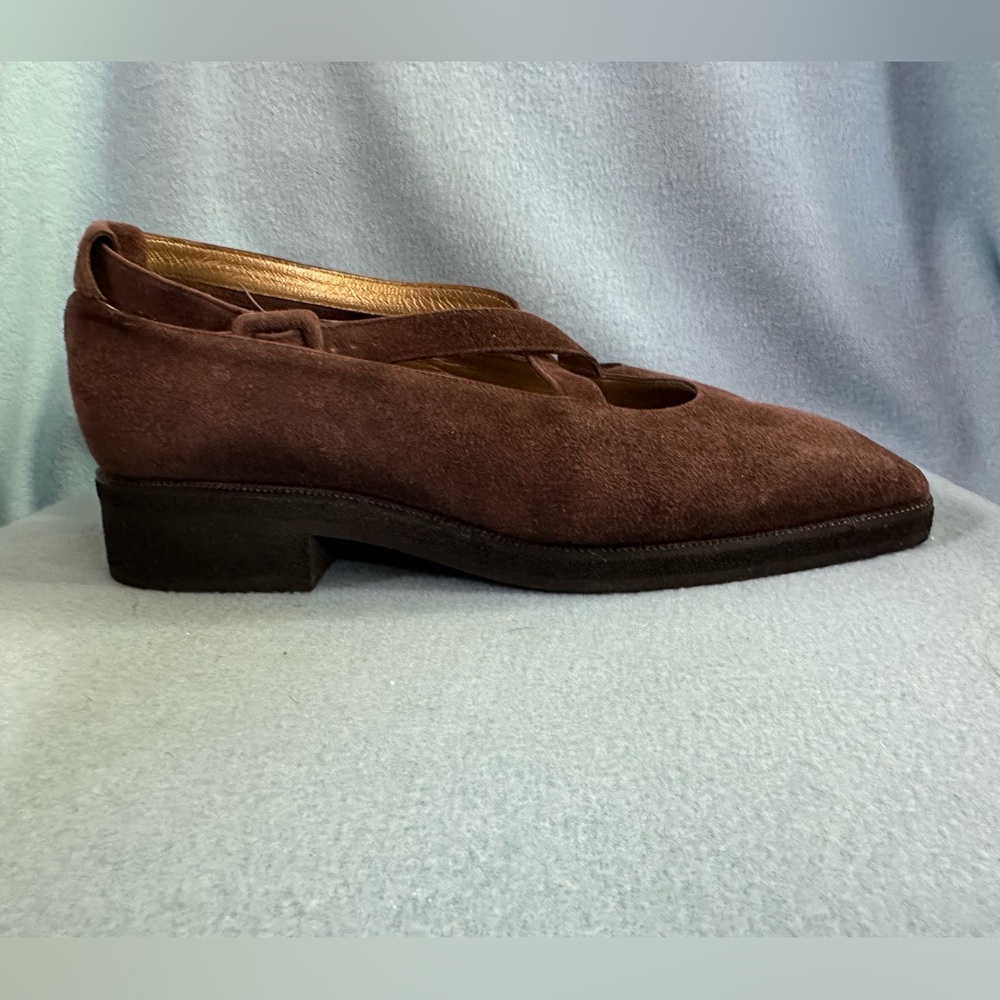 Yves Saint Laurent YSL Brown Suede Criss Cross Strap Mary Jane Chunky Heels - Picture 3 of 11